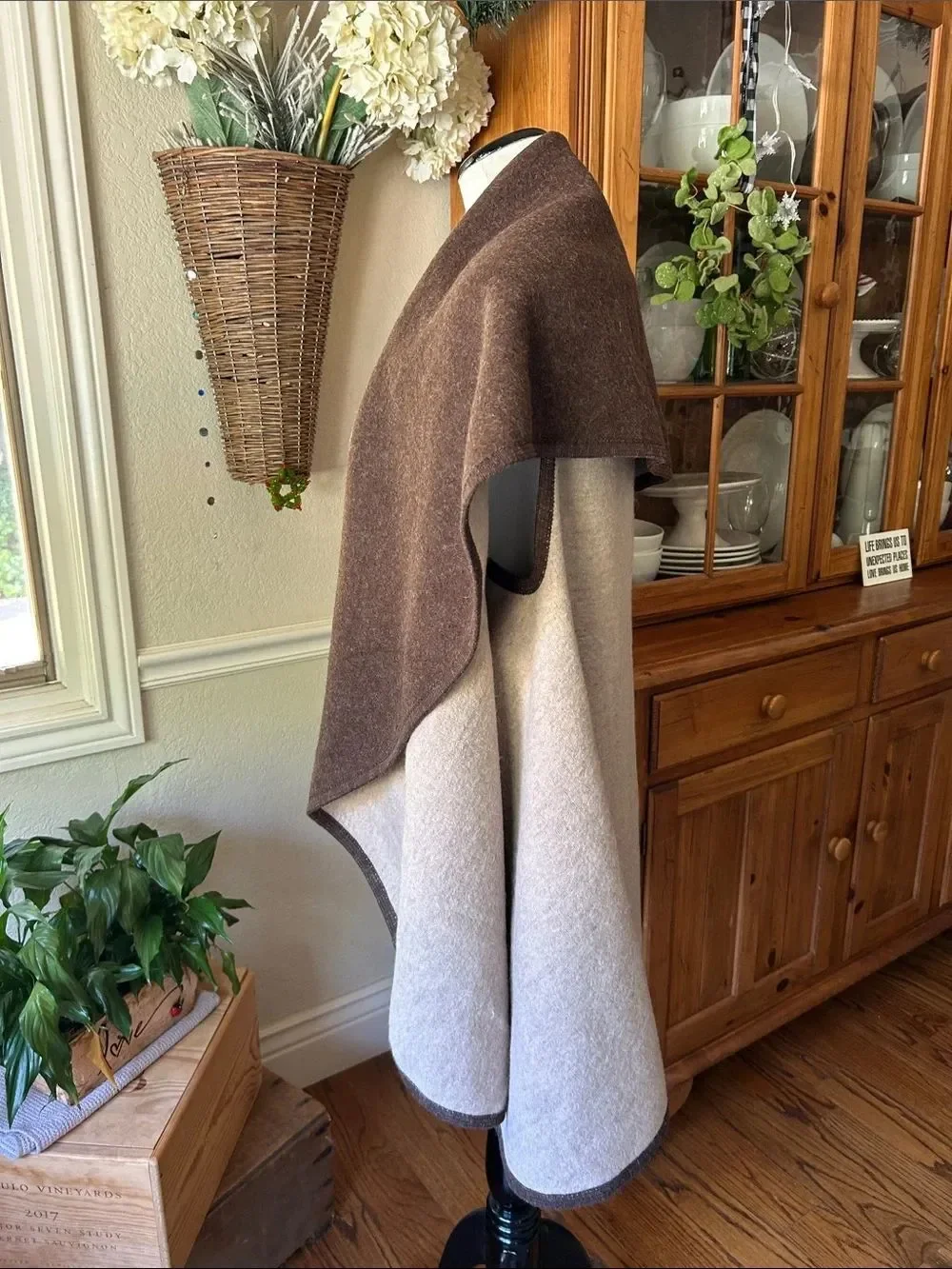 Reversible Brown and Cream Shawl-Collar Wrap